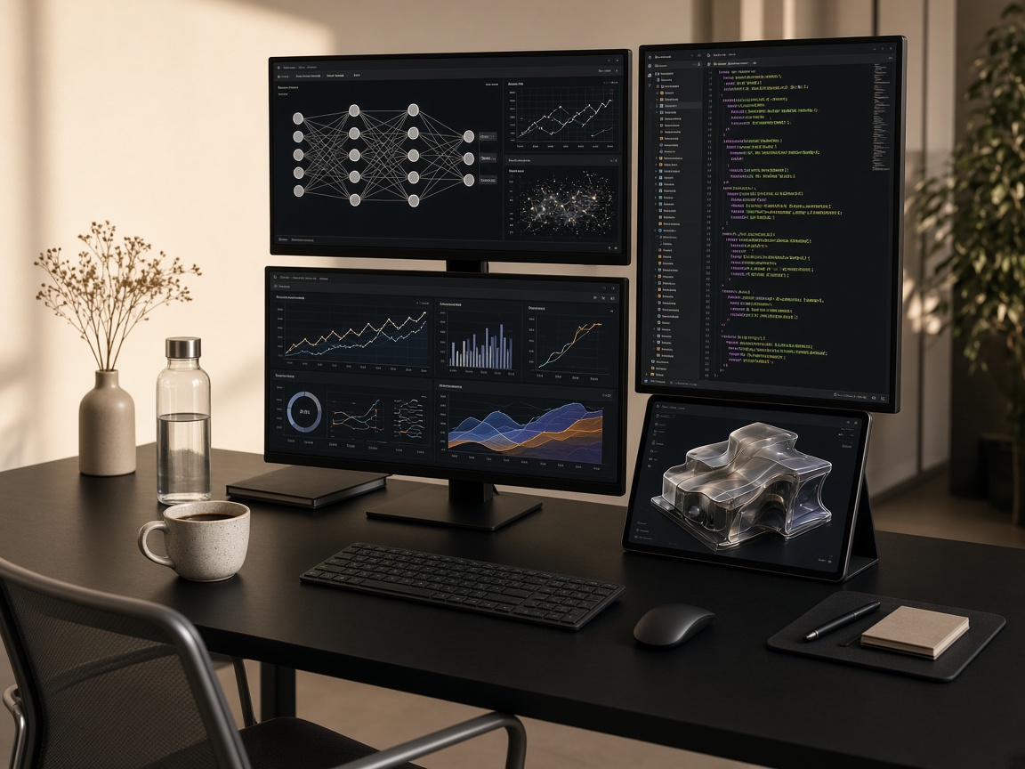 Multi-monitor AI model training desk with coffee and a water bottle