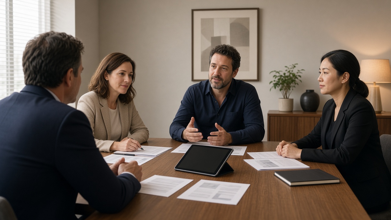 Four colleagues at a studio table, each focused on their own laptop screen