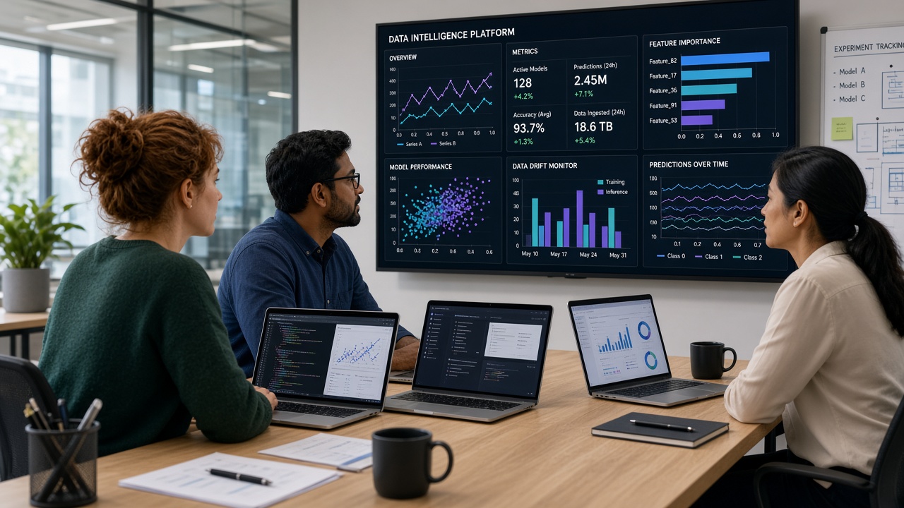 Research team facing a wall display and individual laptops showing scientific data dashboards