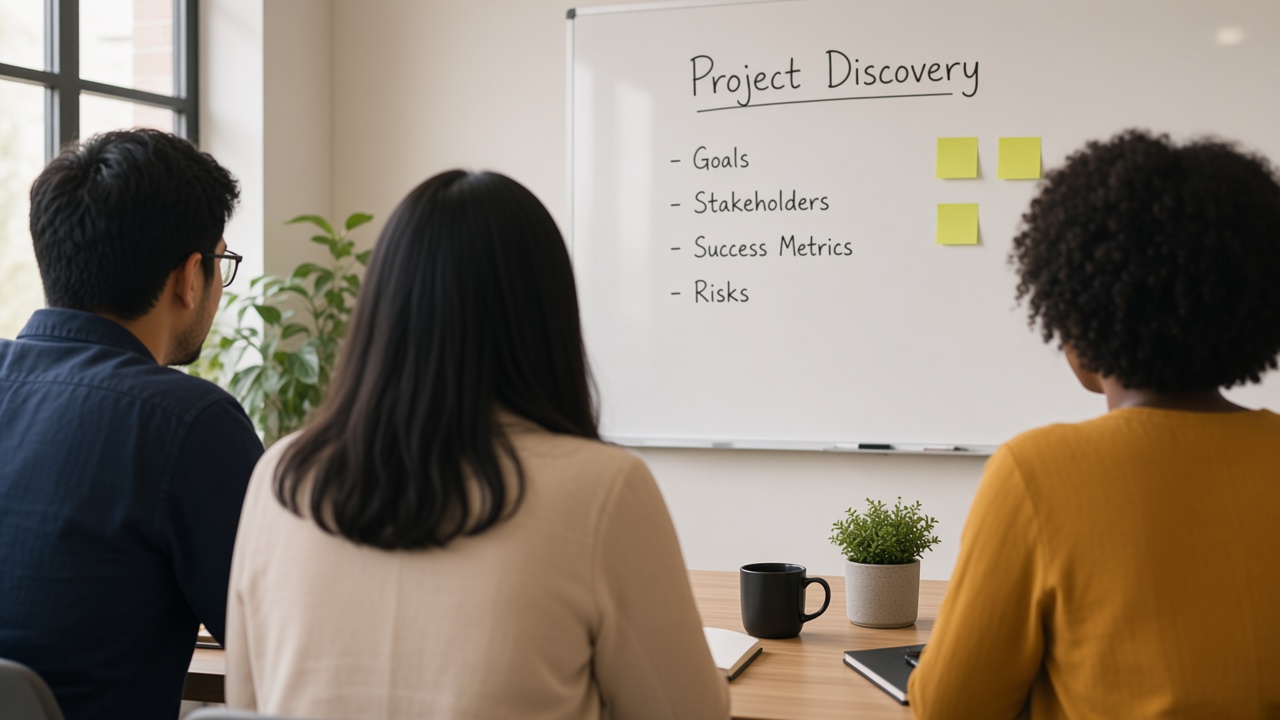 Four professionals at a discovery session, each looking at their own laptop dashboard