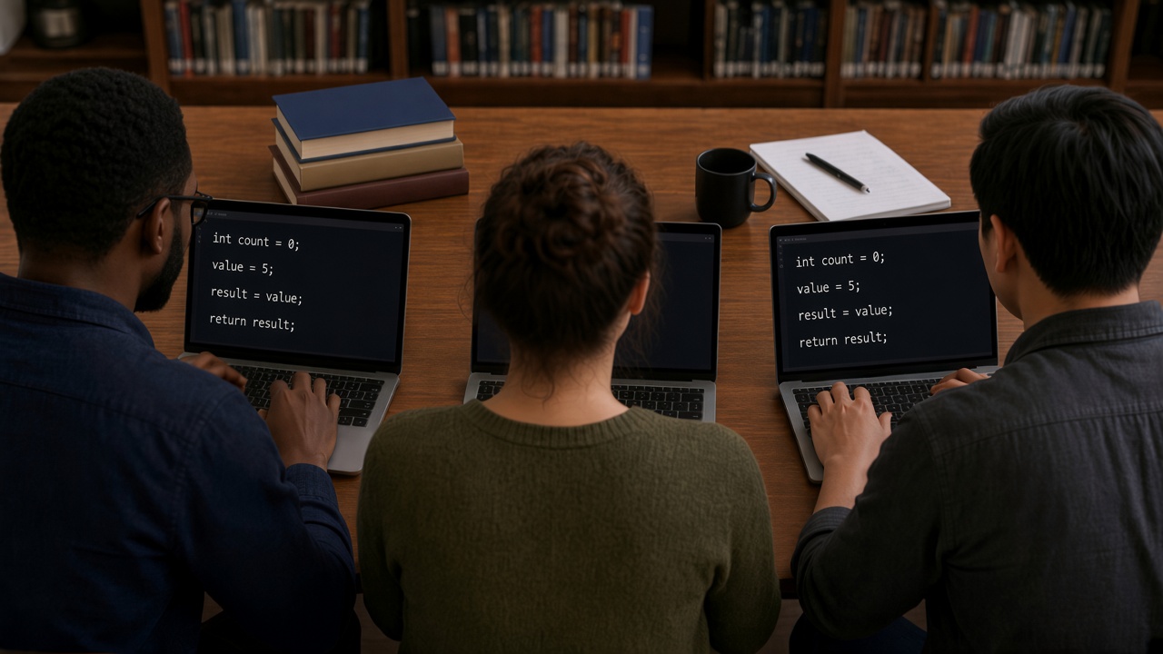 Four researchers looking at mathematical proofs on their own laptop screens