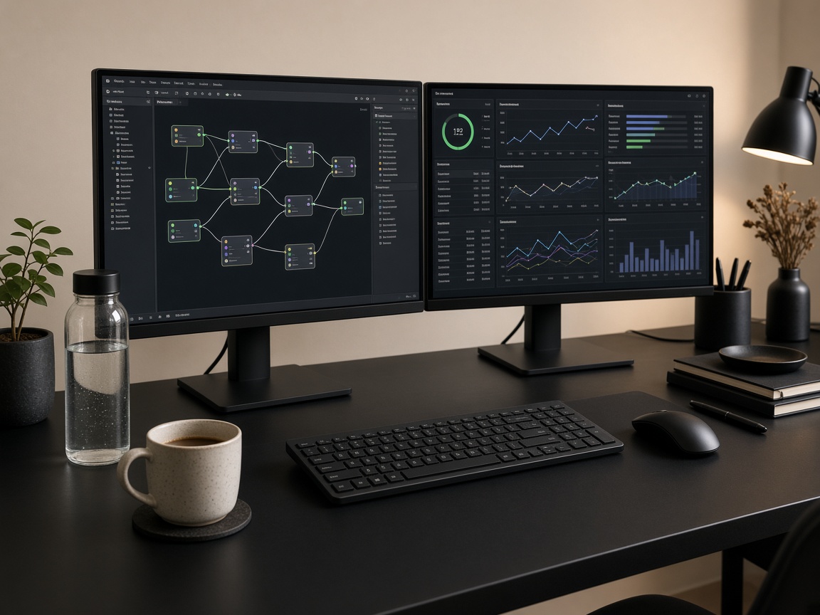 Pipeline dashboards, coffee, and a water bottle on an operations desk