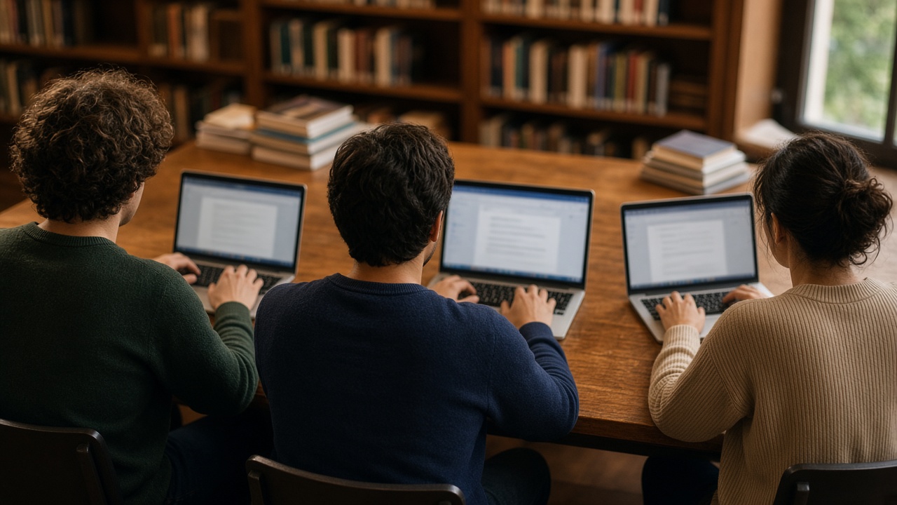 Three professionals looking at mathematical equations on their own laptop screens
