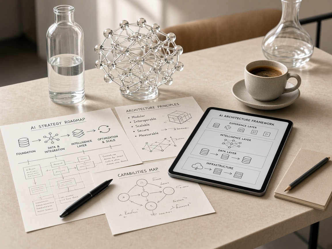 Strategy roadmap, tablet, coffee, and a water bottle on a planning table