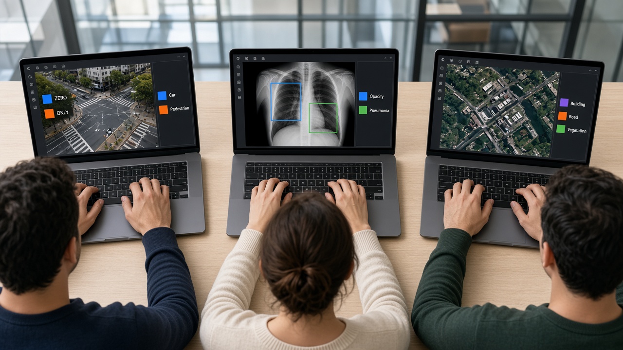 Three professionals looking at data annotation tools on their own laptops