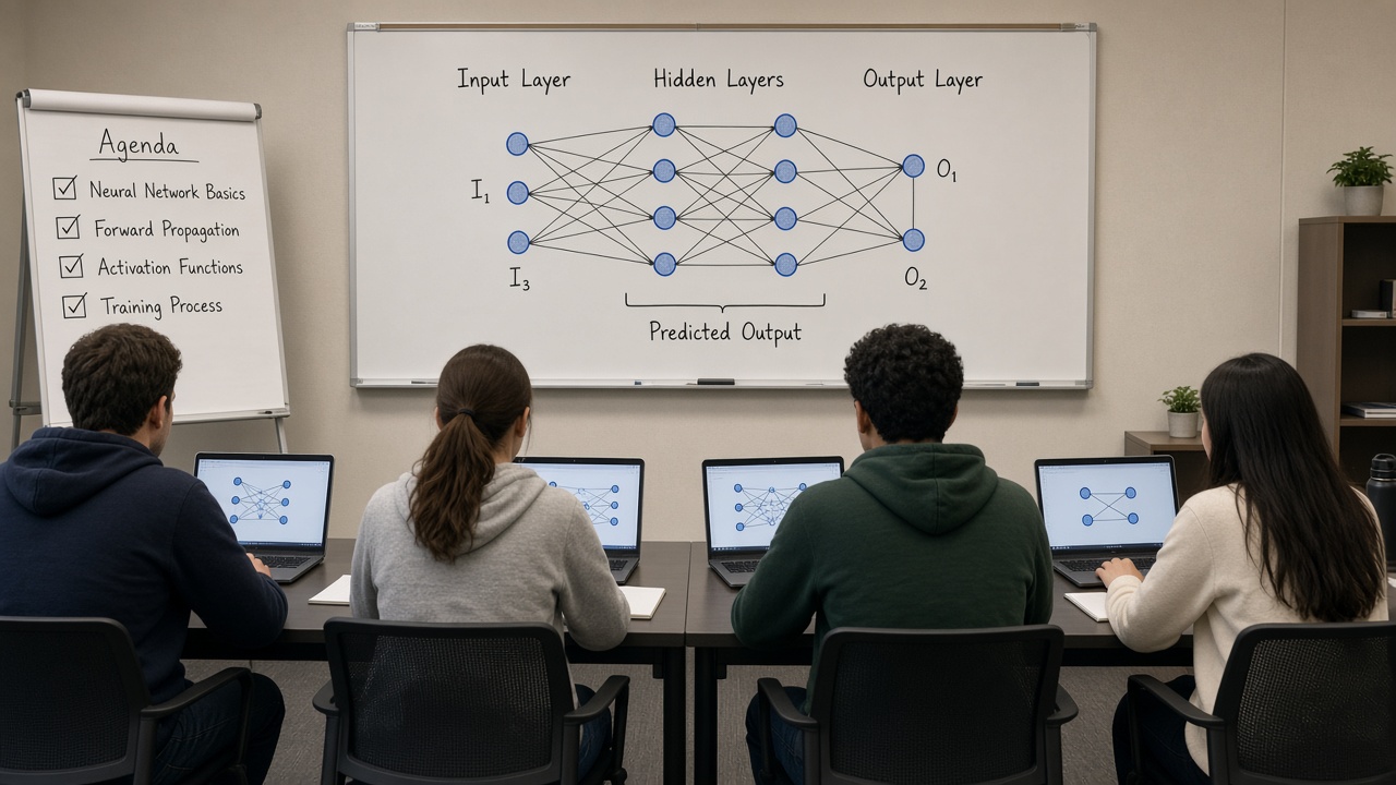 Four professionals at individual desks, each looking at a neural network on their own laptop
